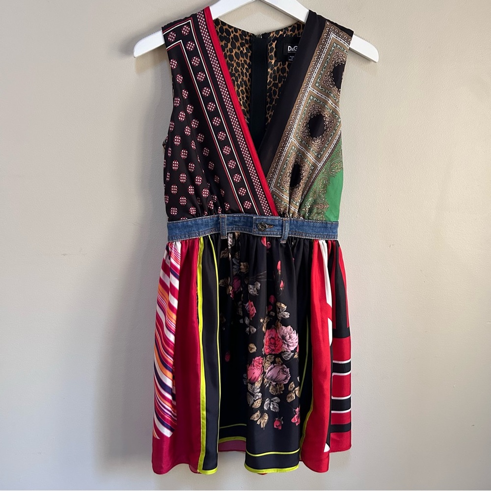Dolce & Gabbana ~ Colorful Silk Scarves Denim Sleeveless Dress in IT 40 / US 4
